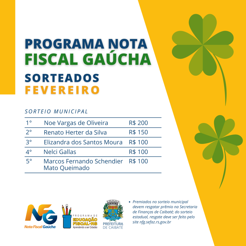 SORTEADOS DE MARÇO DO PROGRAMA NOTA FISCAL GAÚCHA